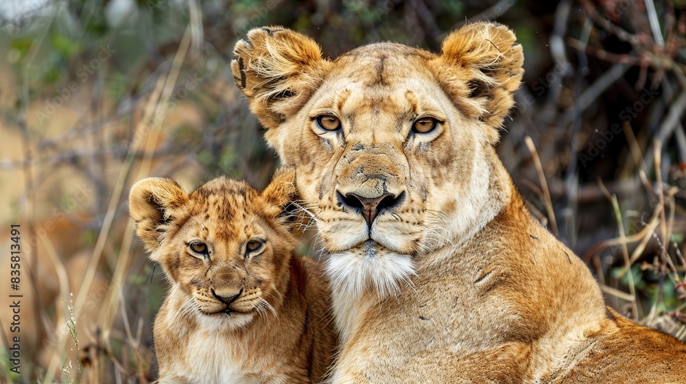 Lioness and lion cub , Predators love. Generative Ai Lioness and lion cub , Predators love. Generative Ai