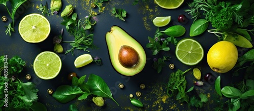 Avocado halves presented with lime slices and baby spinach leaves on a grey concrete  stone  or slate surface from a top-down perspective  showcasing an area for additional text or graphics.