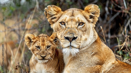 Lioness and lion cub , Predators love. Generative Ai