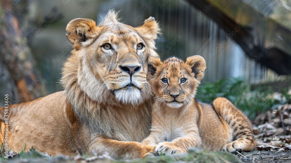 Lioness and lion cub , Predators love. Generative Ai Lioness and lion cub , Predators love. Generative Ai