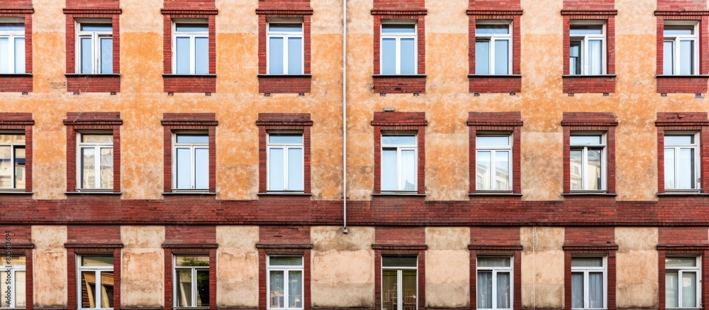 Fototapeta premium The classic red clinker facade was updated while keeping its vintage charm, creating a striking visual contrast. Copy space image. Place for adding text and design