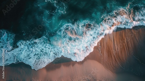 Empty beach with waves crashing on the shore captured by an aerial drone from above © 2rogan