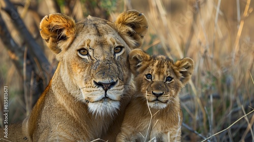 Lioness and lion cub , Predators love. Generative Ai © We3 Animal