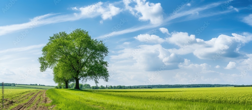 Naklejka premium One oak tree stands alone in a spring field with an inviting copy space image.