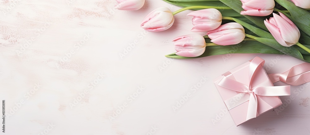 A Mother's Day-themed arrangement featuring stylish gift boxes, tulips, and ribbon bows displayed from above on a pastel pink surface with a blank space for a photo or design. Copy space image