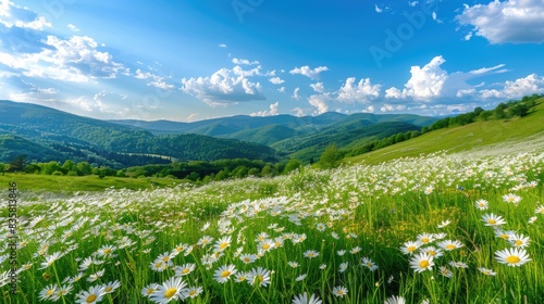 Beautiful spring and summer natural panoramic pastoral landscape with blooming field of daisies in the grass in the hilly countryside  