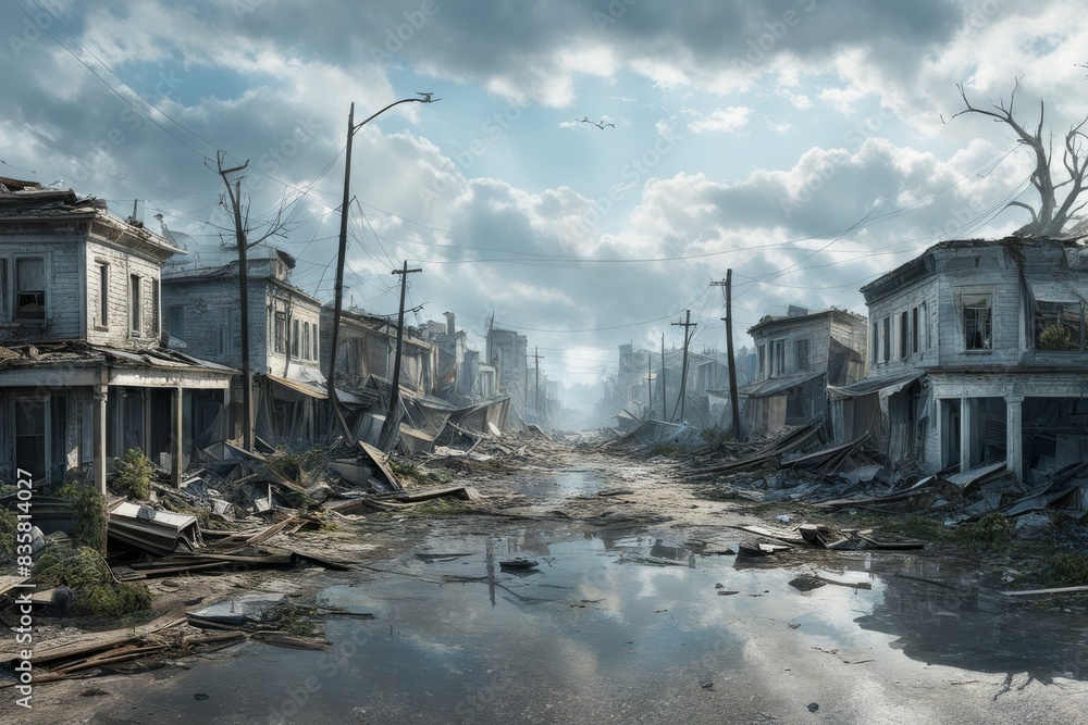 An abandoned city after a hurricane: Destroyed houses, fallen trees, littered streets. The sky is filled with haze. generative AI An abandoned city after a hurricane: Destroyed houses, fallen trees, littered streets. The sky is filled with haze. generative AI