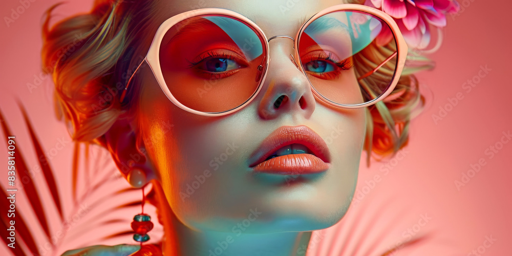 Obraz premium Retro style pastel colors summer background. Fashion woman wearing big sunglasses.