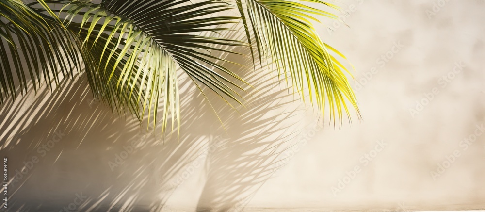Fototapeta premium Summer travel concept featuring delicate palm leaf shadows on textured concrete backdrop, ideal for advertising use as an abstract image with copy space.