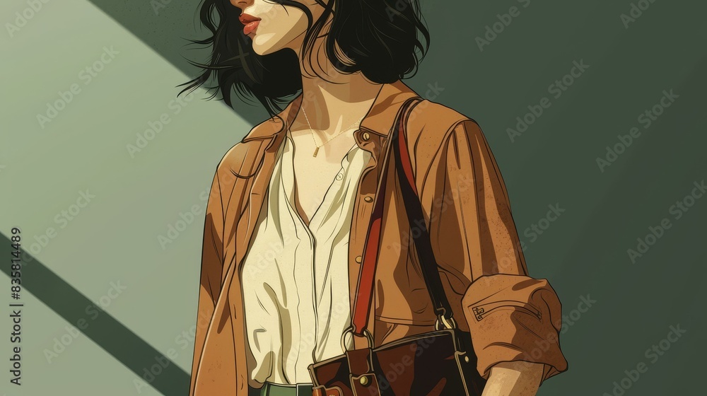 Stylish illustration of a chic woman with a trendy leather handbag, showcasing dynamic and engaging details. Stylish illustration of a chic woman with a trendy leather handbag, showcasing dynamic and engaging details.
