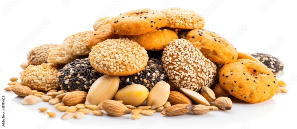 Cookie adorned with nuts and sesame seeds on a blank surface with space for duplication of images. Copy space image. Place for adding text and design Cookie adorned with nuts and sesame seeds on a blank surface with space for duplication of images. Copy space image. Place for adding text and design