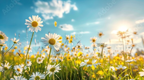 Beautiful spring landscape with meadow yellow flowers and daisies against the blue sky.   © Sem