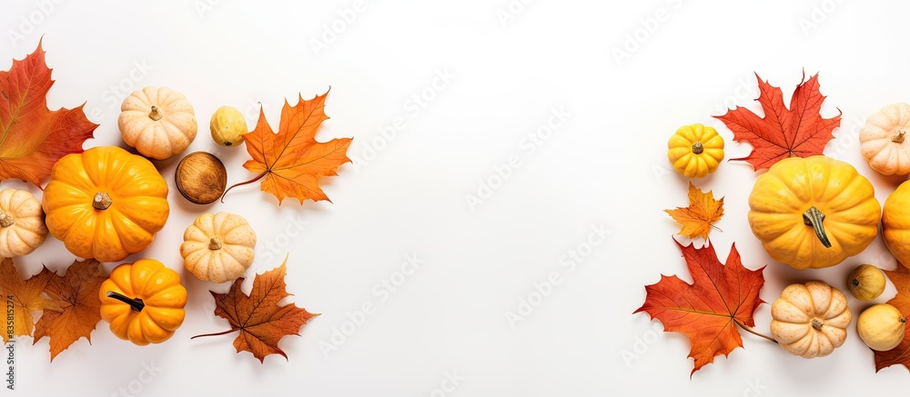 An autumn composition featuring a wreath of leaves, fir cones, rowan berries, nuts, and cotton flowers with copy space image. An autumn composition featuring a wreath of leaves, fir cones, rowan berries, nuts, and cotton flowers with copy space image.