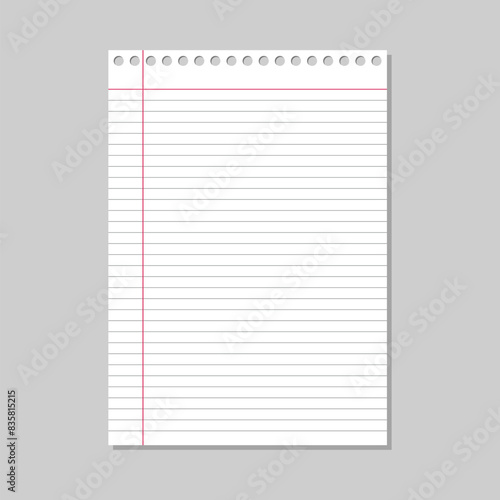 White notebook vector paper with gray and red lines. white realistic sheet of lined paper isolated on a gray background. notepad or notebook