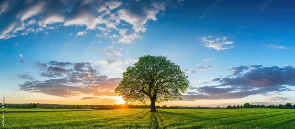 Scenic spring landscape with a picturesque sky filled with fluffy clouds above a vibrant green field, ideal for a copy space image. Scenic spring landscape with a picturesque sky filled with fluffy clouds above a vibrant green field, ideal for a copy space image.
