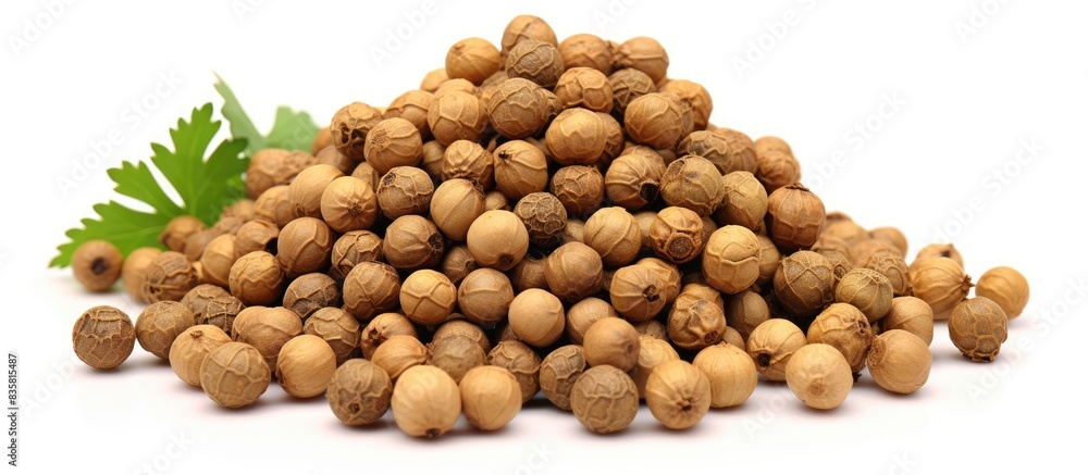Dried coriander seeds arranged with copy space image on a white background. Dried coriander seeds arranged with copy space image on a white background.