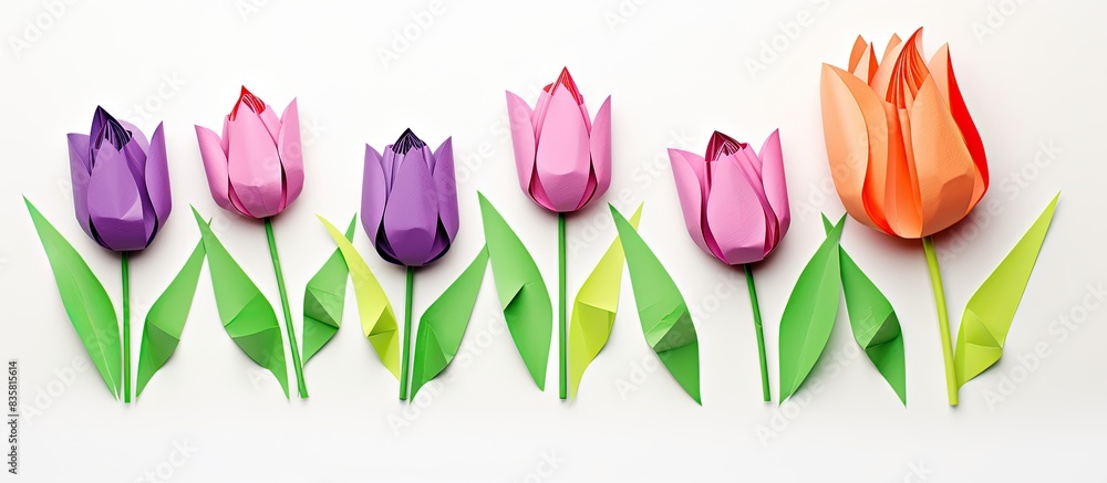 Tulip origami displayed on a white background with copy space image. Tulip origami displayed on a white background with copy space image.