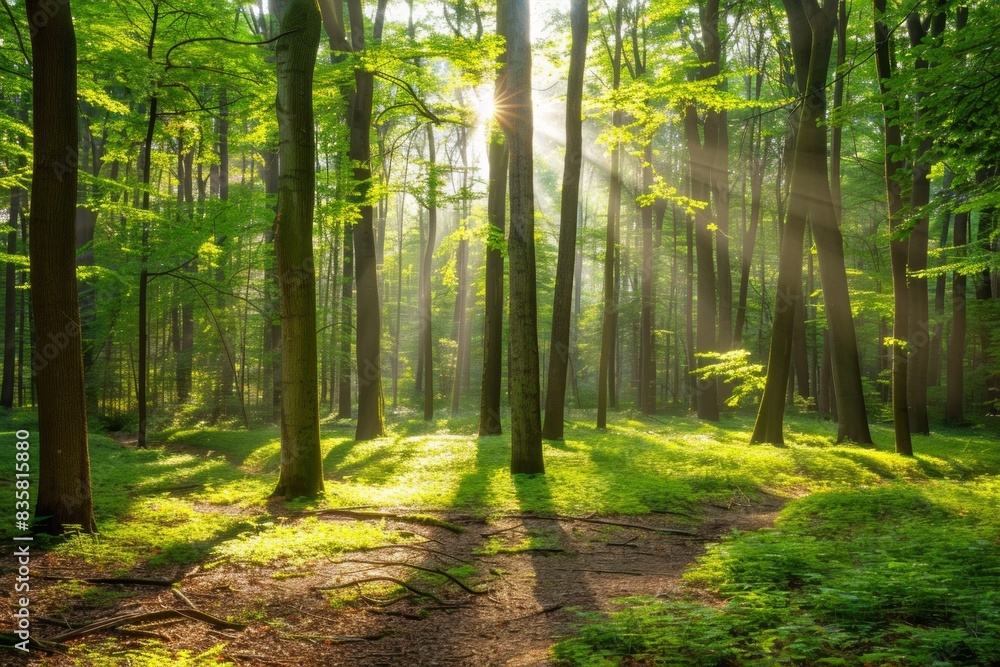 Fototapeta premium Sunlight filtering through lush green forest in early morning