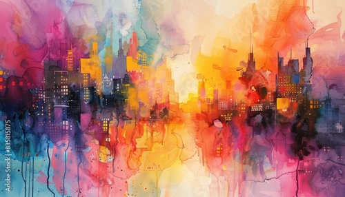 colorful watercolor abstract painting of modern city