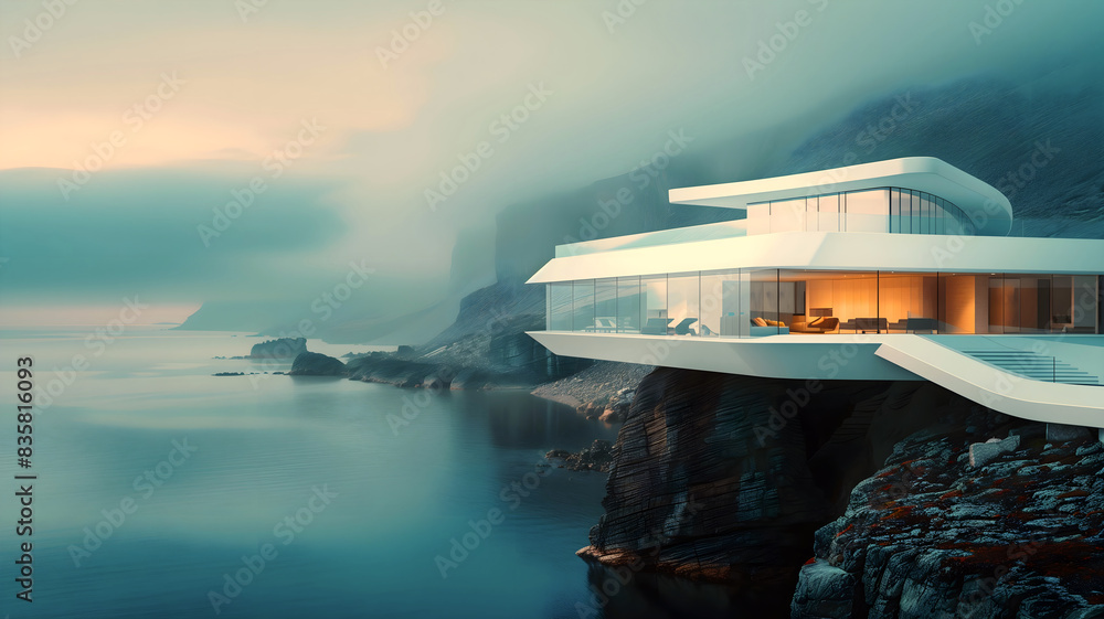Modern architecture in nature, house built in cliffs on rocky coast with ocean view, mansion, background