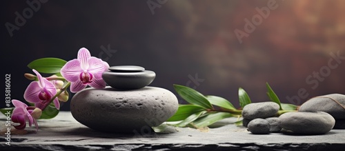 Wooden table with spa stones composition creating a serene ambiance  highlighting a still life arrangement  perfect for a copy space image.