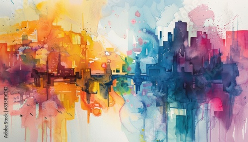 colorful watercolor abstract painting of modern city