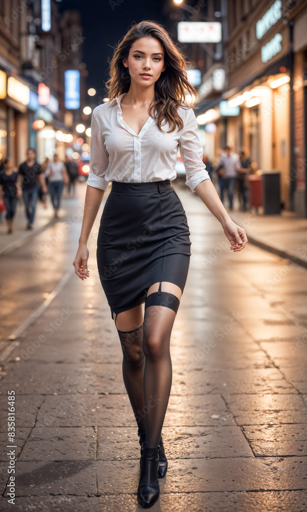 A stylish woman strides along a city street, with buildings and pedestrians in the background A stylish woman strides along a city street, with buildings and pedestrians in the background