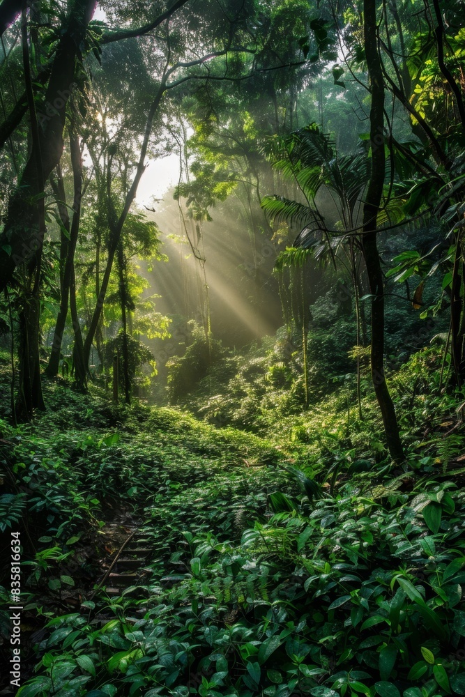 Naklejka premium Sunlight Through Dense Tropical Forest Canopy