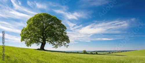 One oak tree stands alone in a spring field with an inviting copy space image.