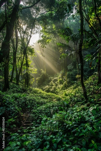 Sunlight Through Dense Tropical Forest Canopy