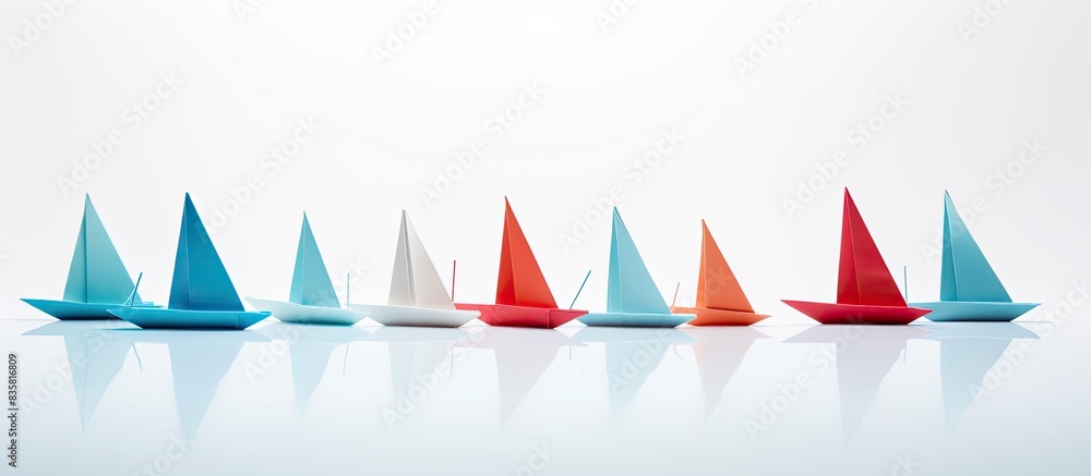 Obraz premium White origami boat with copy space image on a white backdrop.
