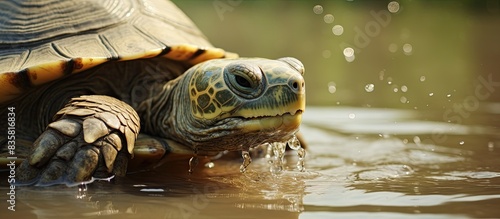 Hands are seen holding a tiny red-eared turtle under a stream of water in a care setting with exotic reptiles at home, a perfect copy space image scenario.