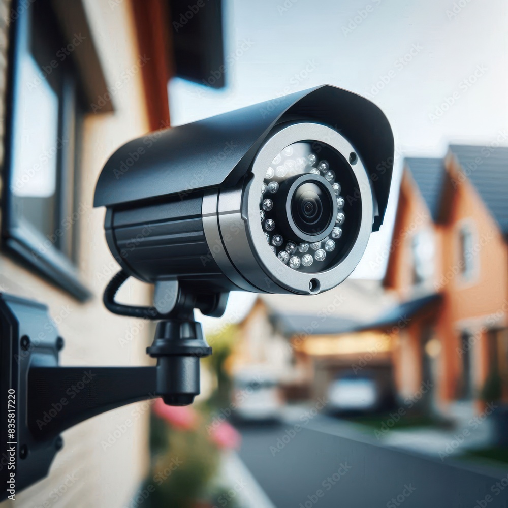 Close-up of a CCTV modern security camera outside a house in a residential district Close-up of a CCTV modern security camera outside a house in a residential district