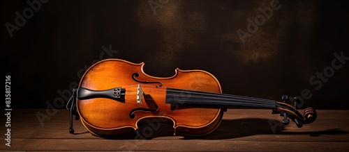 Elegant violin and bow on white backdrop with copy space image. Musical instrument. photo