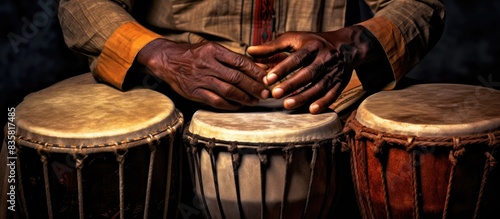 Male hands playing an ethnic percussion instrument, the djembe, in front of a blank background with copy space image.