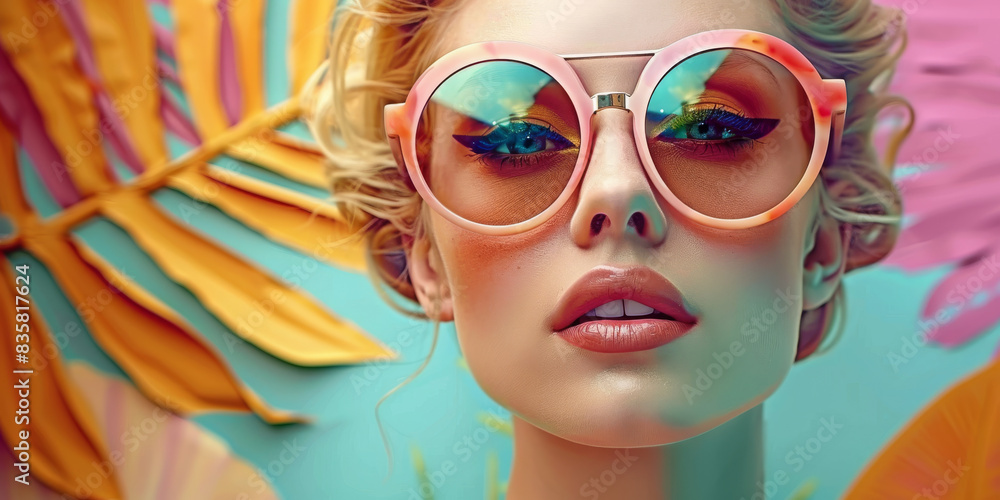 Retro style pastel colors summer background. Fashion woman wearing big sunglasses. Retro style pastel colors summer background. Fashion woman wearing big sunglasses.