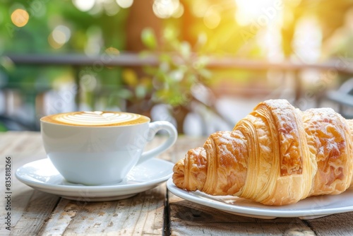 Fresh croissant and cappuccino on rustic wooden table in sunny garden
