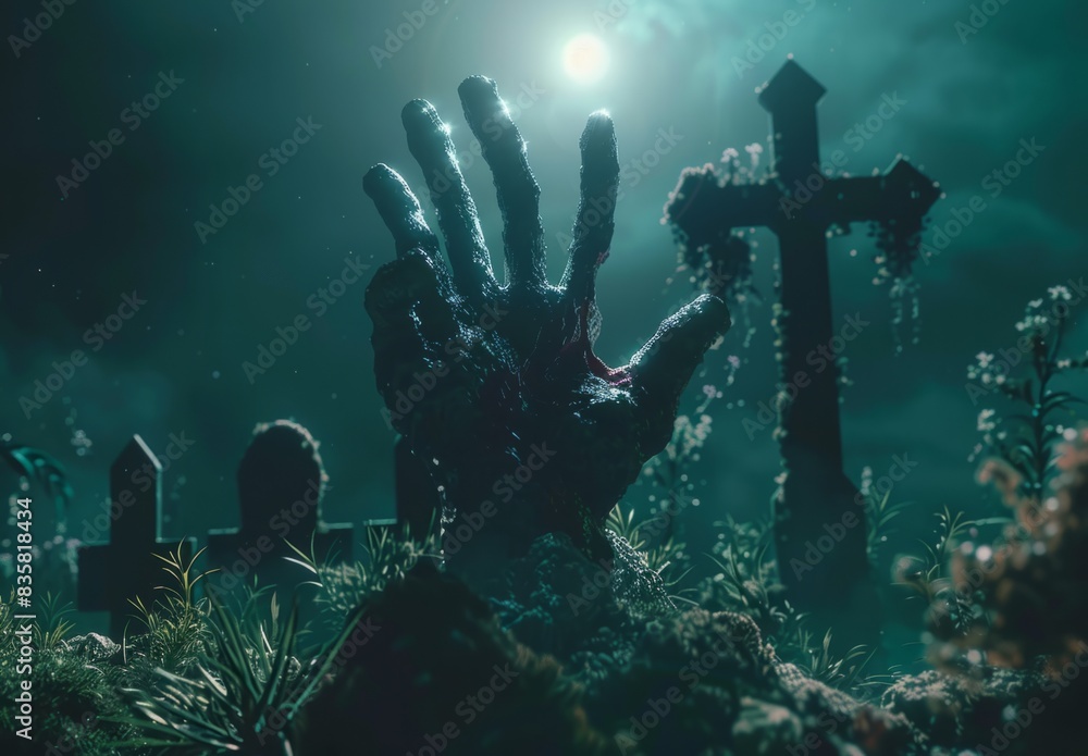 Fototapeta premium A zombie hand is rising from the grave at night with moonlight shining down on it, gothic crosses in the background