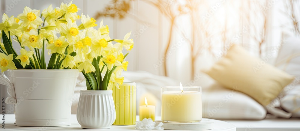 Modern interior featuring a vase with spring flowers and copy space image.