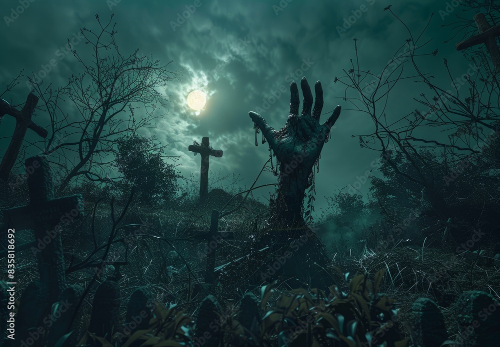A zombie hand is rising from the grave at night with moonlight shining down on it, gothic crosses in the background A zombie hand is rising from the grave at night with moonlight shining down on it, gothic crosses in the background
