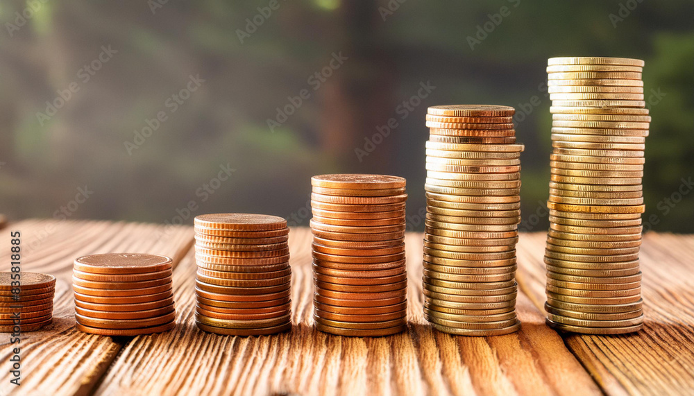 Close-up image of arranged coin stacks on wooden background symbolizing financial growth and savings Close-up image of arranged coin stacks on wooden background symbolizing financial growth and savings