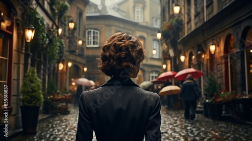 A woman with a chic pixie cut hairstyle, breezily walking through a picturesque cobblestone alleyway. 
