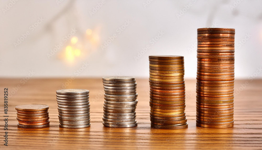 Close-up image of arranged coin stacks on wooden background symbolizing financial growth and savings Close-up image of arranged coin stacks on wooden background symbolizing financial growth and savings