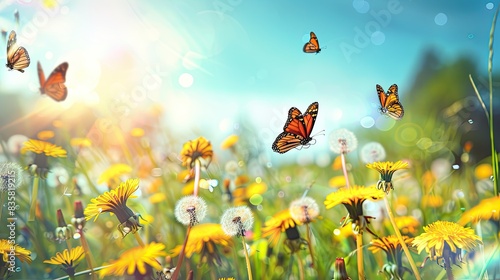 Beautiful spring summer natural landscape with a field of flowering dandelions and fluttering butterflies on clear sunny day 