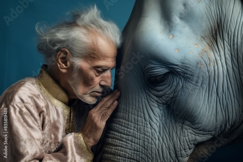 an older man is touching the head of an elephant
 photo