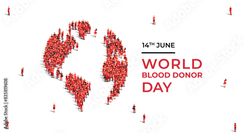 World Blood Donor Day. Blood donation concept. A large group of people form the shape of globe. 14th June. world blood donor day awareness. background, poster, banner, flyer. vector illustration.