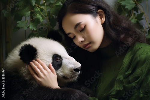 a woman in green holding a panda bear
 photo