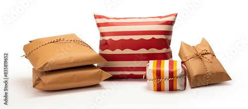 Handmade kraft paper wedding gift boxes creatively designed in a pillow shape with collapsible feature; suitable for packaging jewelry with copy space image.