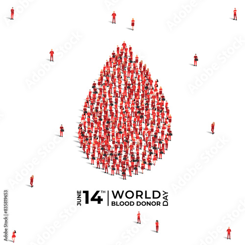 World Blood Donor Day. Blood donation concept. A large group of people form the shape of blood drop. 14th June. world blood donor day awareness. background, poster, banner, flyer. vector illustration.