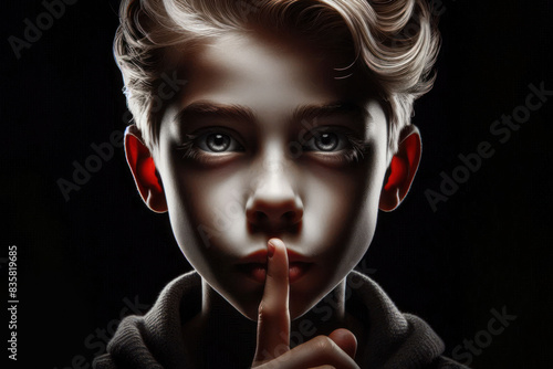 kid, doing expression with finger on lips silent shh gesture. Secret, silence, taboo and censorship and freedom of speech
